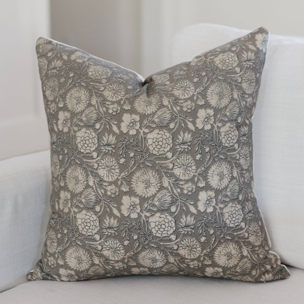 Grey Floral Pillow Cover on White Sofa