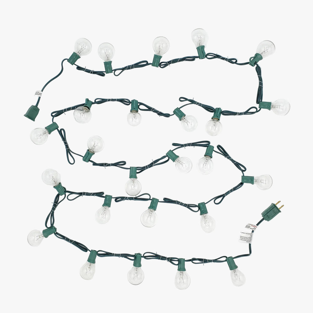 String of clear light bulbs on green wire with a white plug, on a white background