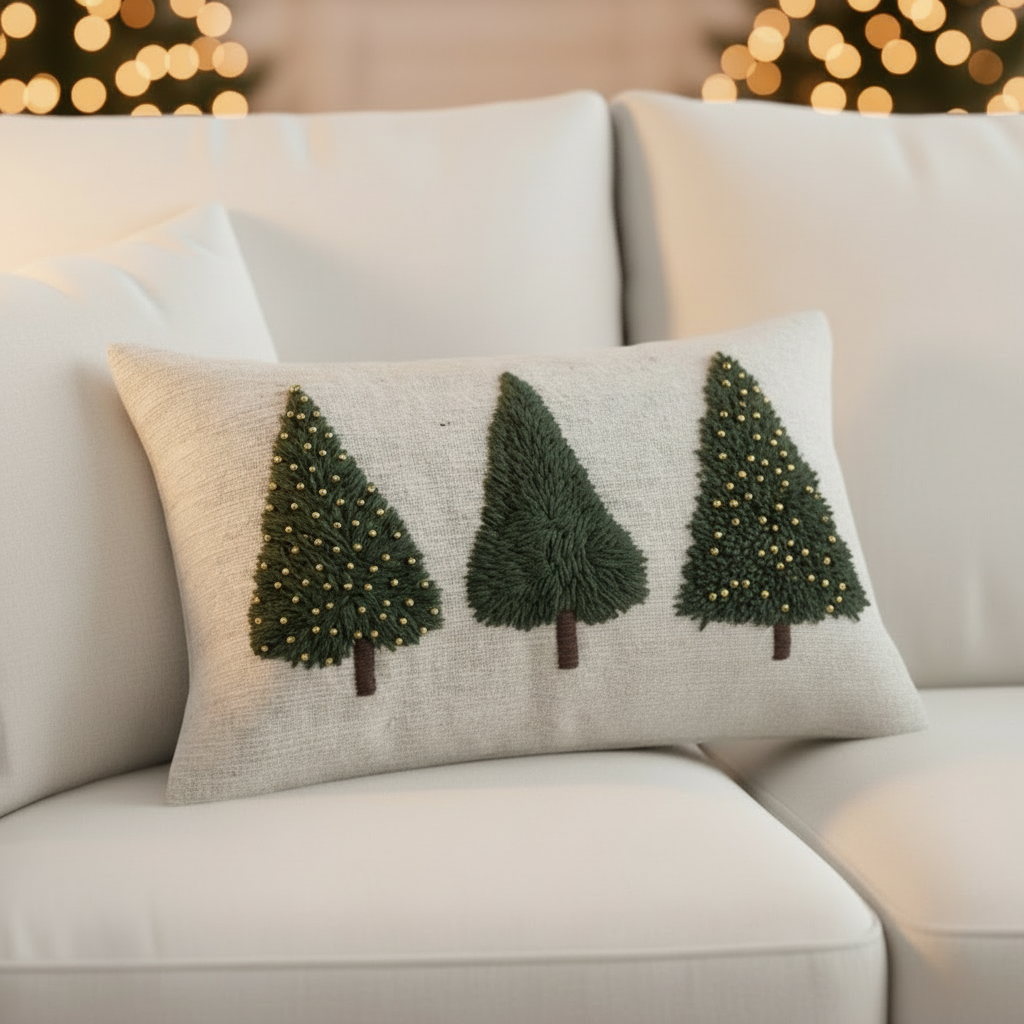 Decorative christmas throw pillow with embroidered green trees on a beige background