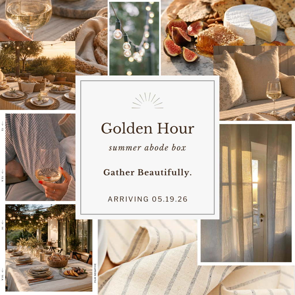 Collage of images promoting a 'Golden Hour' summer abode box with outdoor dining and lifestyle scenes.
