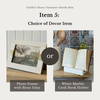 Two decor items: a photo frame with brass inlay and a white marble cook book holder, with text indicating a choice between them.