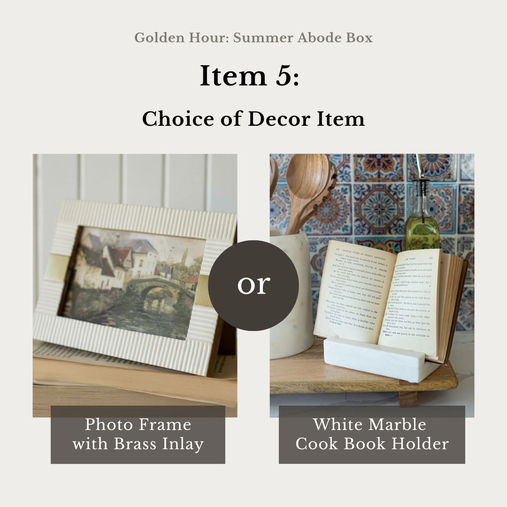Two decor items: a photo frame with brass inlay and a white marble cook book holder, with text indicating a choice between them.