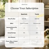 A subscription comparison chart for 'abode box' showing pricing and terms for Quarterly and Yearly plans, overlaid on a blurred living room background with a sofa and flowers.