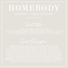 Product label for 'Homebody' scented candle with scent notes and description on a light gray background.