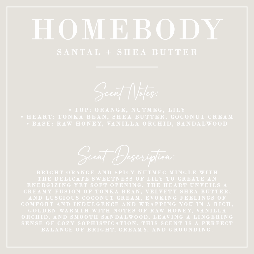Product label for 'Homebody' scented candle with scent notes and description on a light gray background.