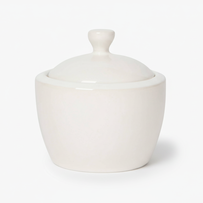 White ceramic lidded sugar jar on a white background
