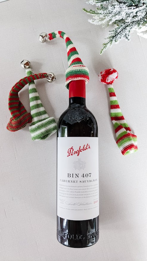 Knit Hat Wine Bottle Topper on a bottle of wine