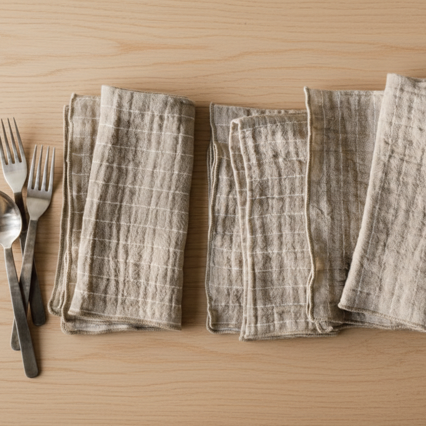 Set of light grey napkins on a wooden surface with cutlery.