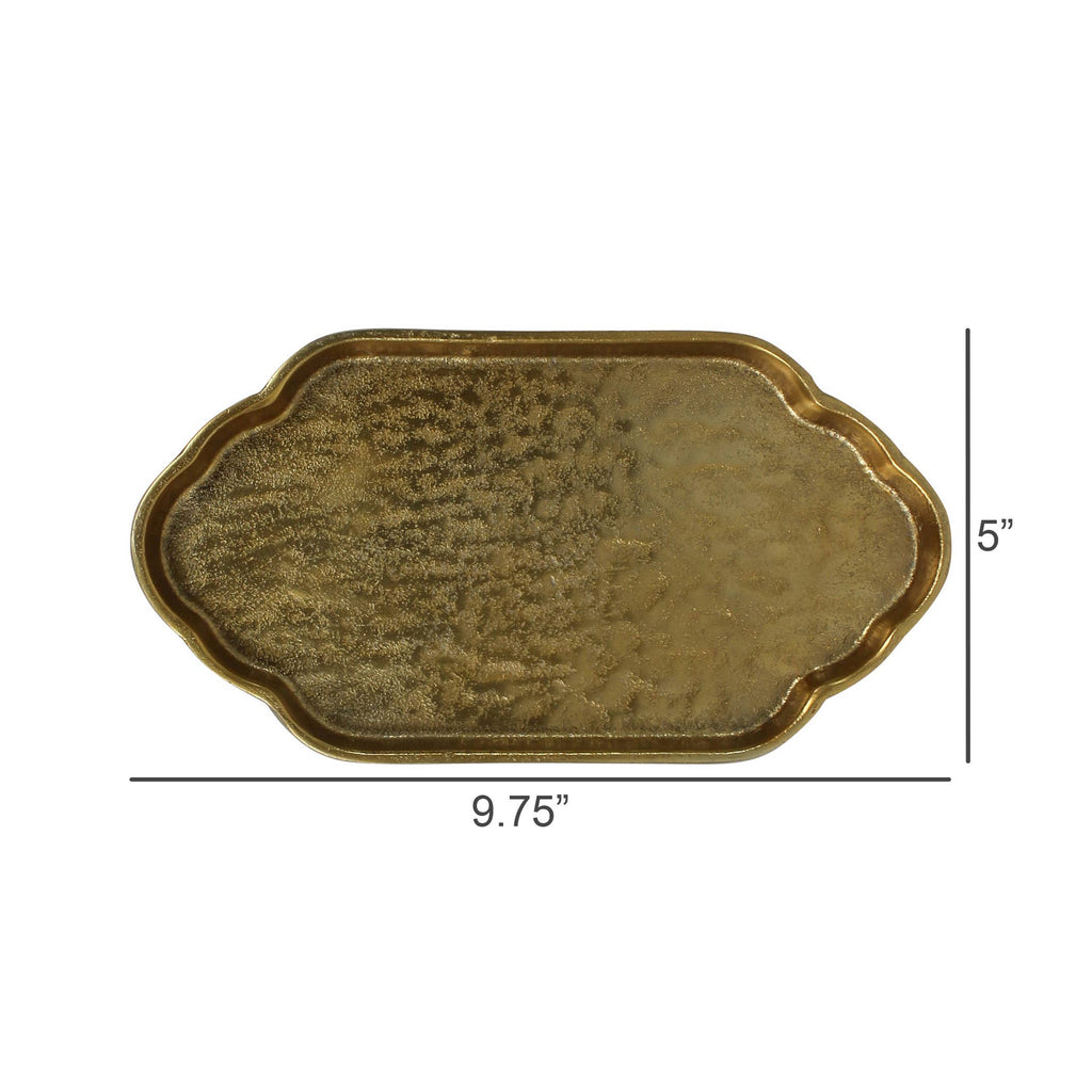 Bronze-colored tray with dimensions on a white background