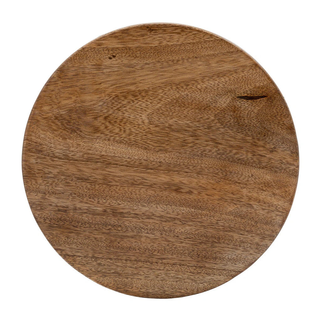 Round wooden cutting board on a white background