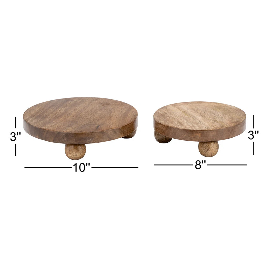 Two wooden pedestal trays with dimensions labeled on a white background