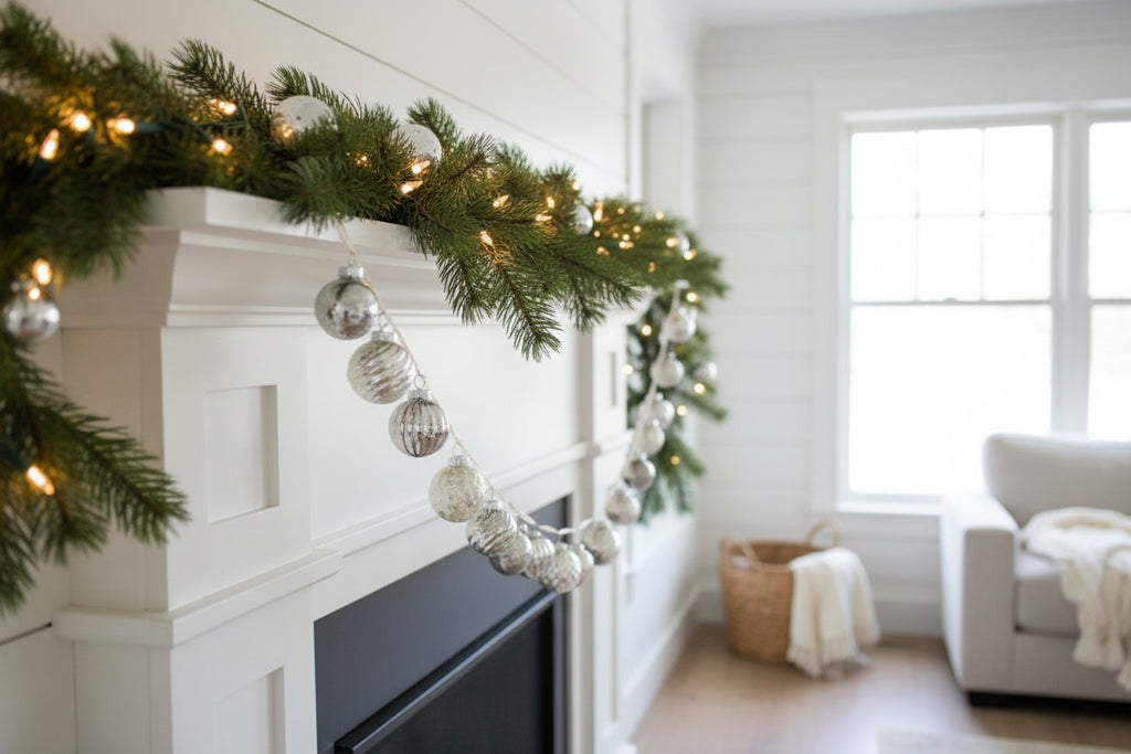 Decorative garland with mercury ornaments on a mantle in a modern living room.