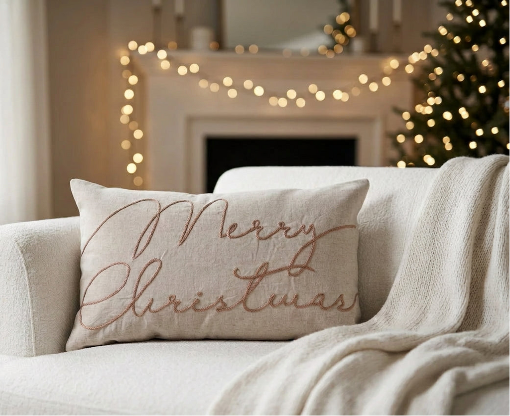 Merry Christmas Lumbar Throw Pillow on white sofa with throw blanket and christmas tree with twinkle lights in the background