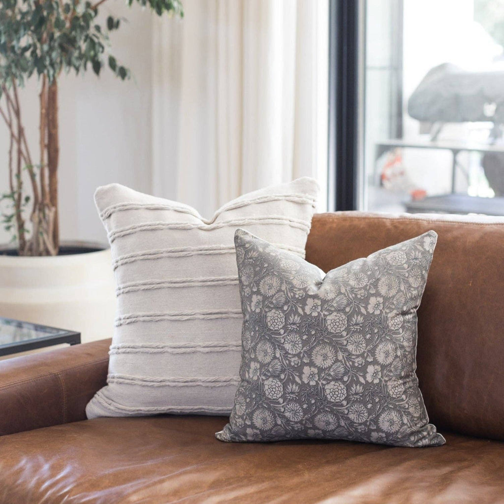 Neutral Floral Pillow Cover on Leather Couch