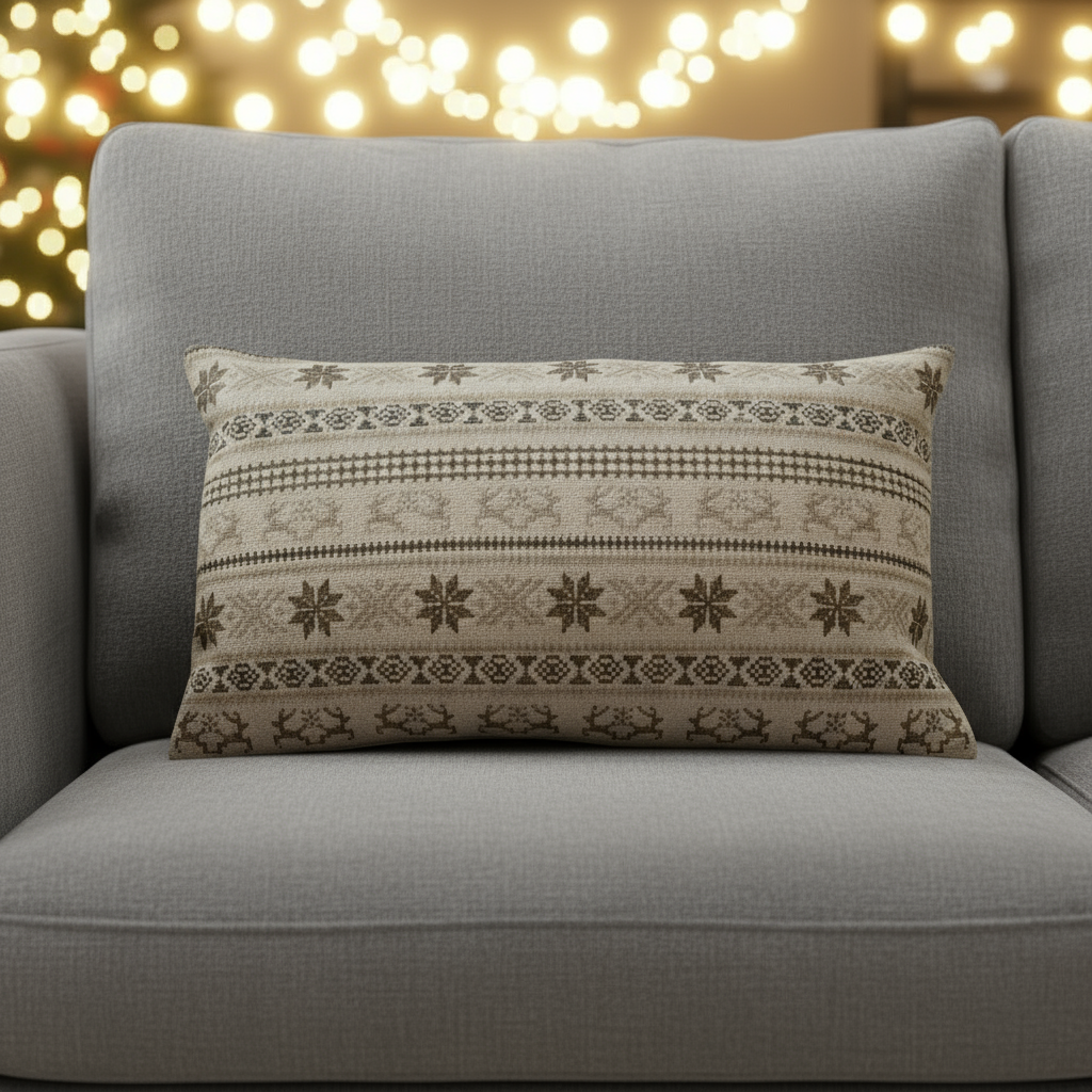 Decorative christmas throw pillow with a pattern on a grey sofa