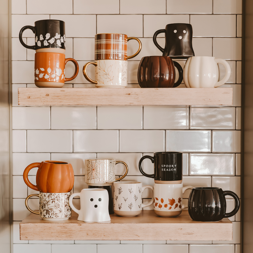 Open Kitchen Shelf Display with Brown Leaves Stoneware Coffee Mug