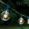 String of outdoor lights with clear bulbs and green clips against a dark background