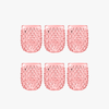 Set of six pink textured stemless wine glasses on a white background