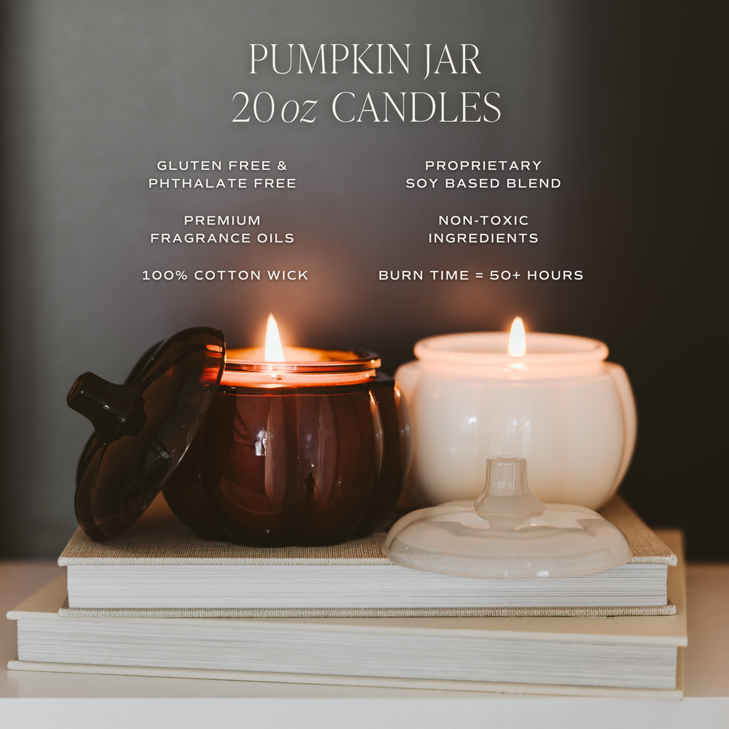 Two pumpkin jar candles on books with product details text overlay.