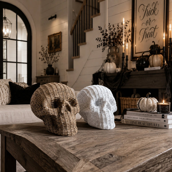 Rattan Halloween Skull_Decorative Halloween Skull_Brown and White