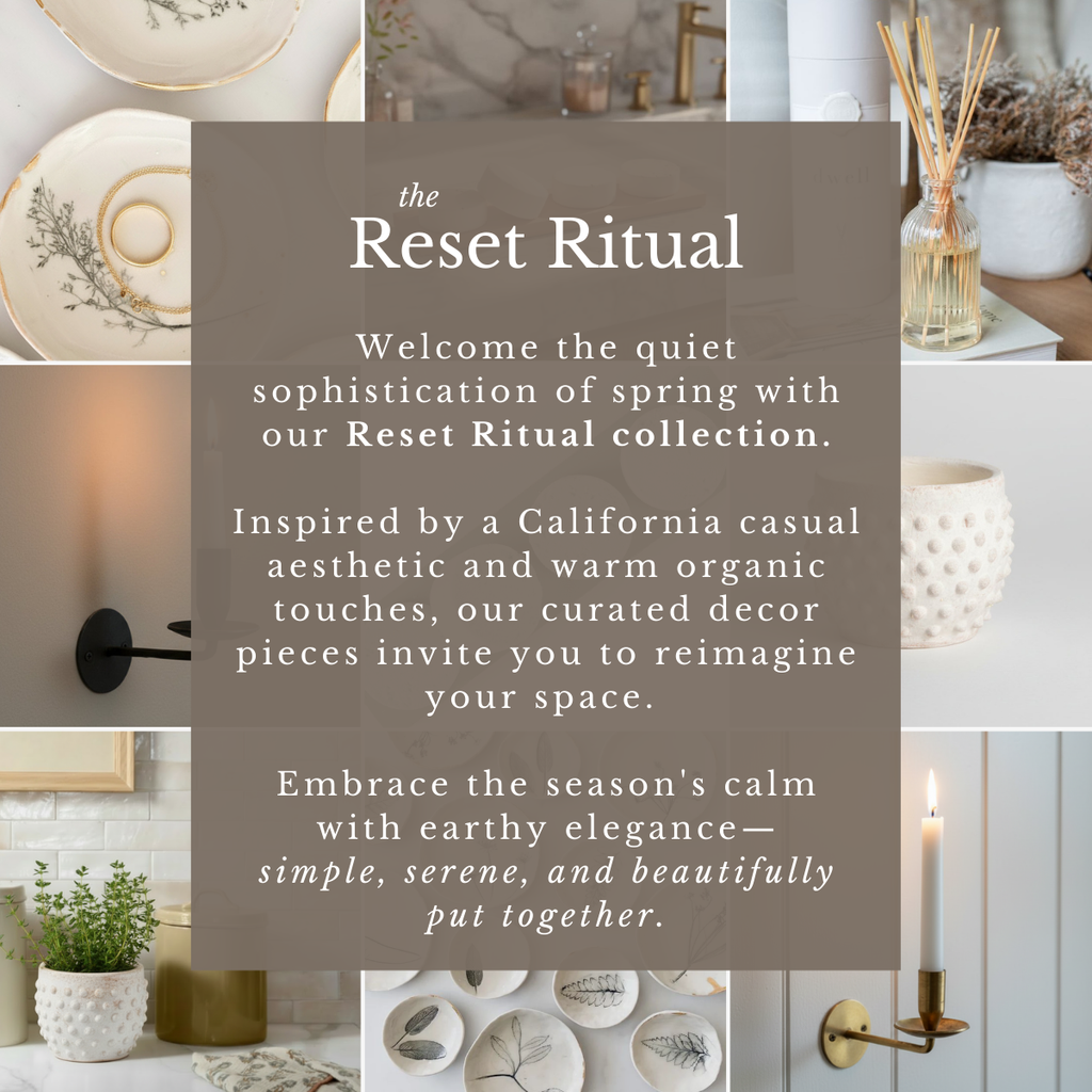 Advertisement for 'Reset Ritual' decor collection with text and images of home decor items.