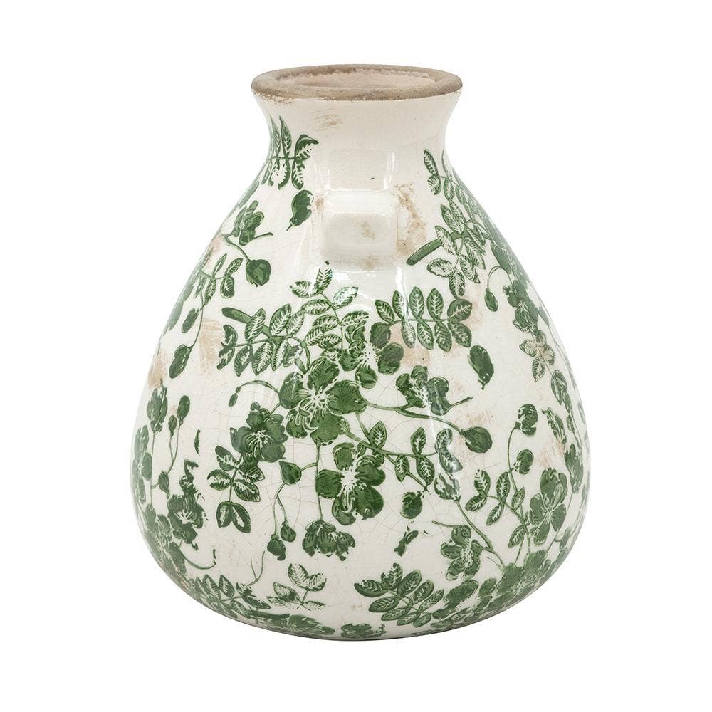 Decorative vase with green floral pattern on a white background