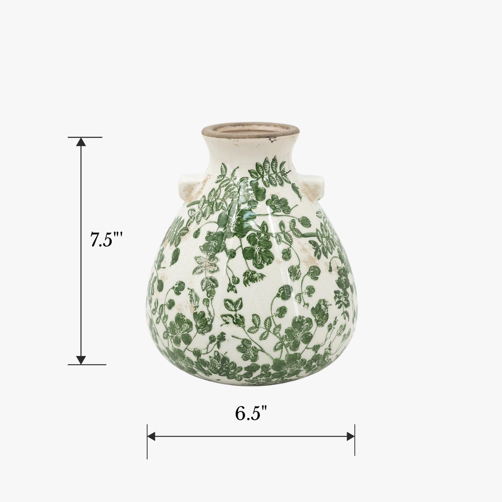 Ceramic vase with green floral pattern and dimensions on a white background