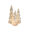 Set of three silver Christmas tree-shaped decorations with lights on a white background