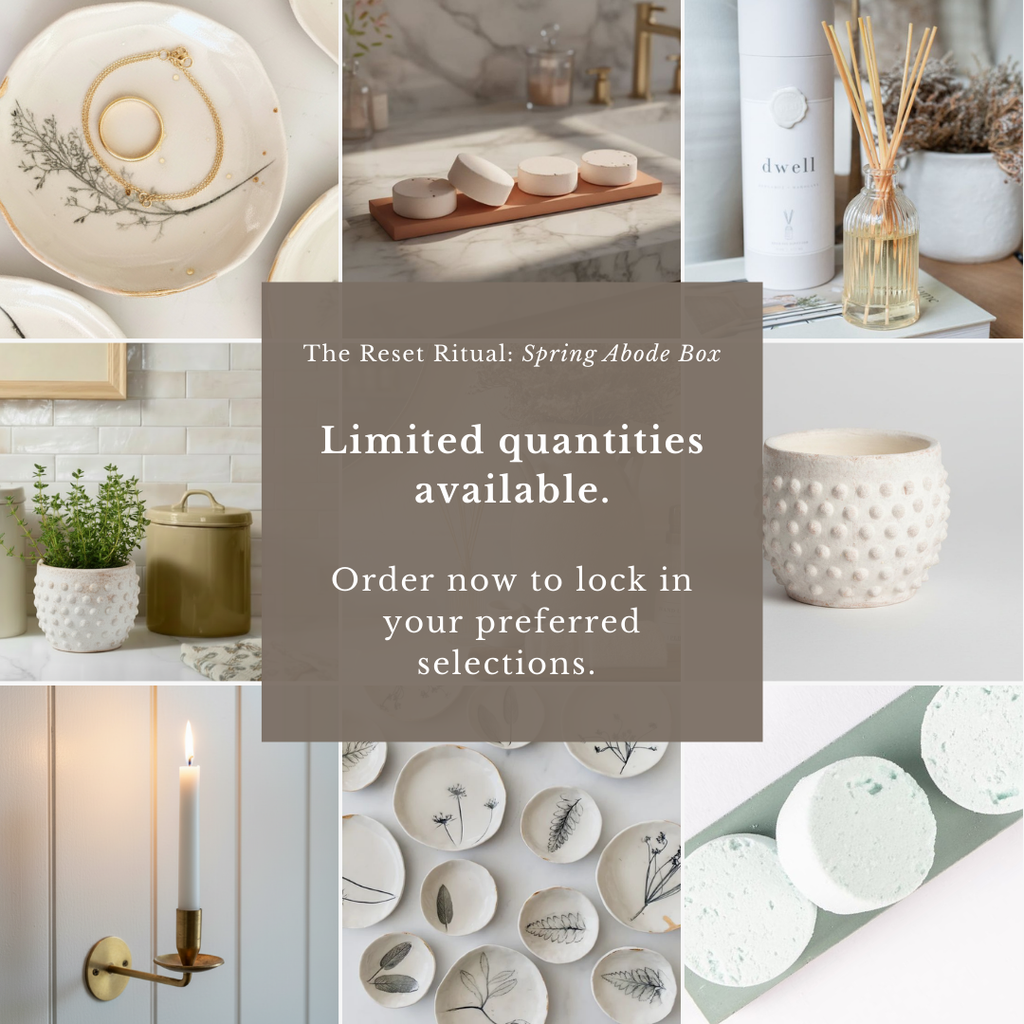 Collage of home decor items with promotional text overlay for a limited edition Spring Abode Box.