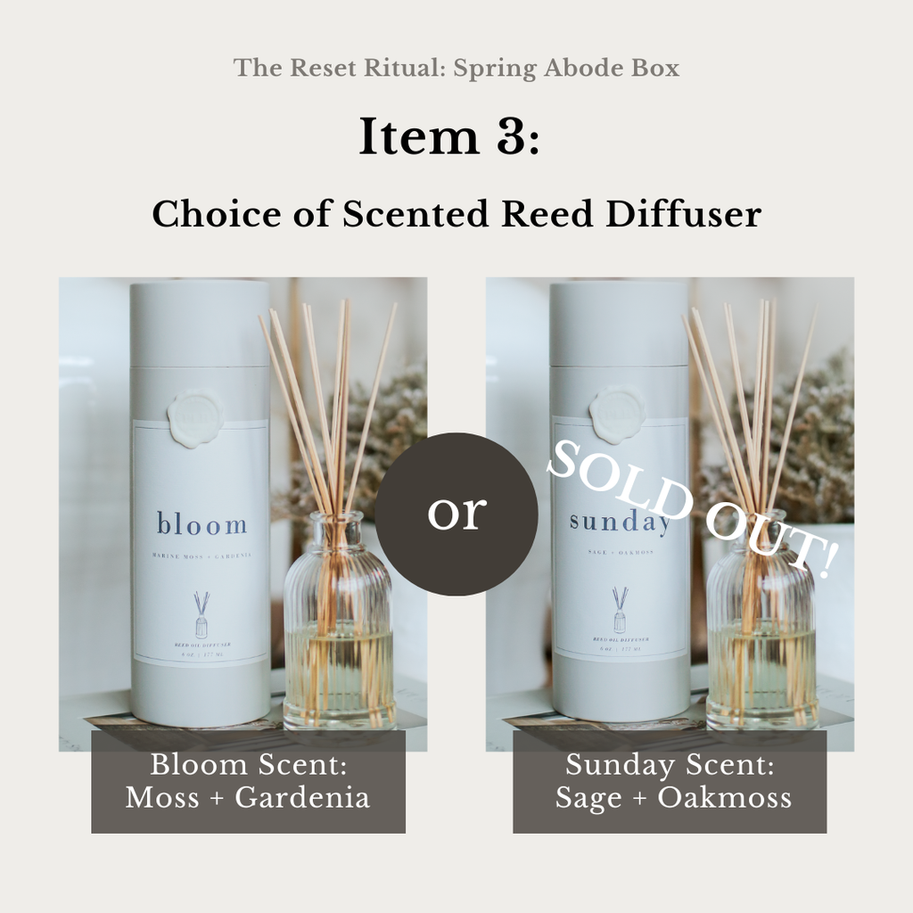 Scented reed diffuser with 'bloom' and 'Sunday' scents on a light gray background.
