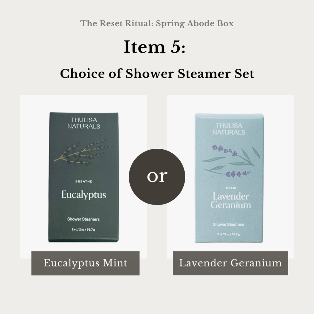 Two shower steamer sets from Thulisa Naturals with labels for Eucalyptus Mint and Lavender Geranium on a light gray background.