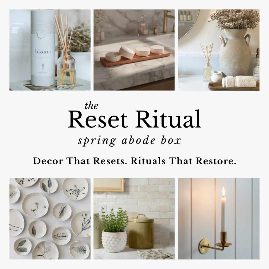 Collage of home decor items with text 'the Reset Ritual spring abode box' on a white background.