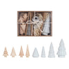 Set of wooden and ceramic Christmas tree figurines in a box on a white background