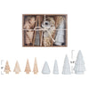 Set of wooden and ceramic Christmas tree ornaments in a box with measurements displayed.