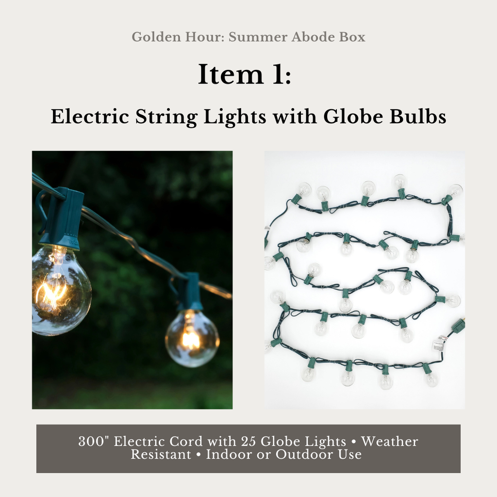 Electric string lights with globe bulbs on a white background