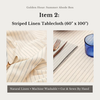 Striped linen tablecloth with images of fabric and setup on a table.