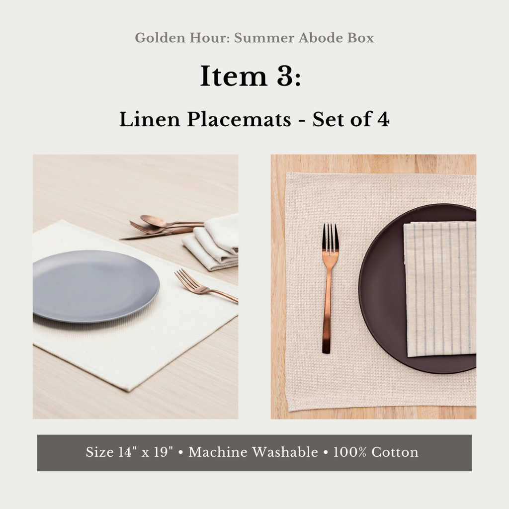 Linen placemats set with plates and cutlery on a neutral background