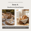 Handwoven bread basket with bread and plates on a table, set against a neutral background.