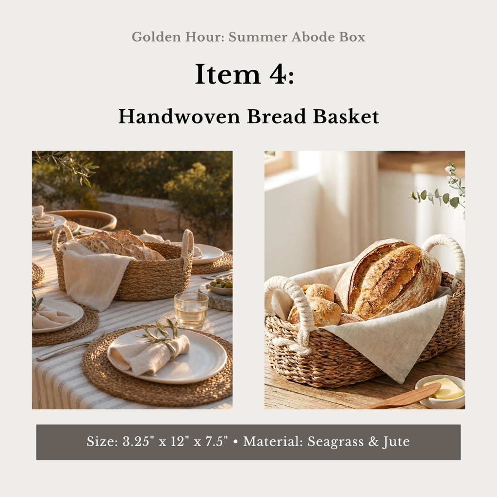 Handwoven bread basket with bread and plates on a table, set against a neutral background.