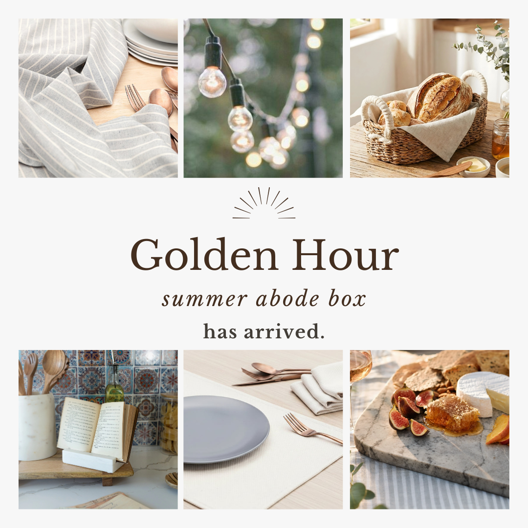 Promotional image for a 'Golden Hour' summer abode box with lifestyle images of home decor and food.