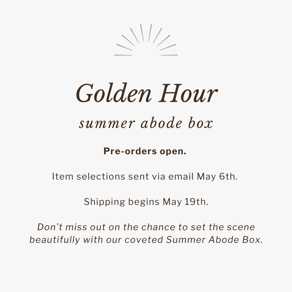 Promotional text for 'Golden Hour Summer Abode Box' with pre-order details on a white background.