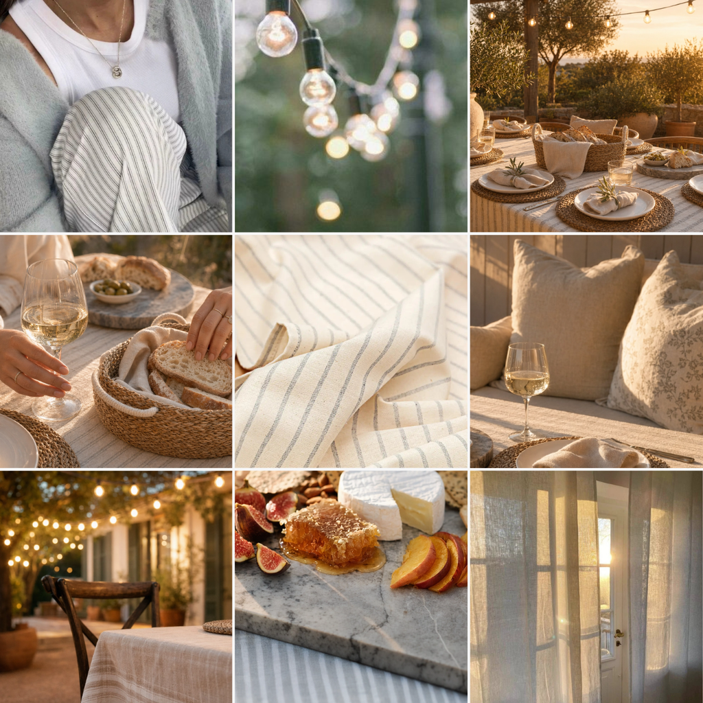 Collage of outdoor dining and relaxation scenes with string lights and a cozy atmosphere. Summer Home Decor subscription box.