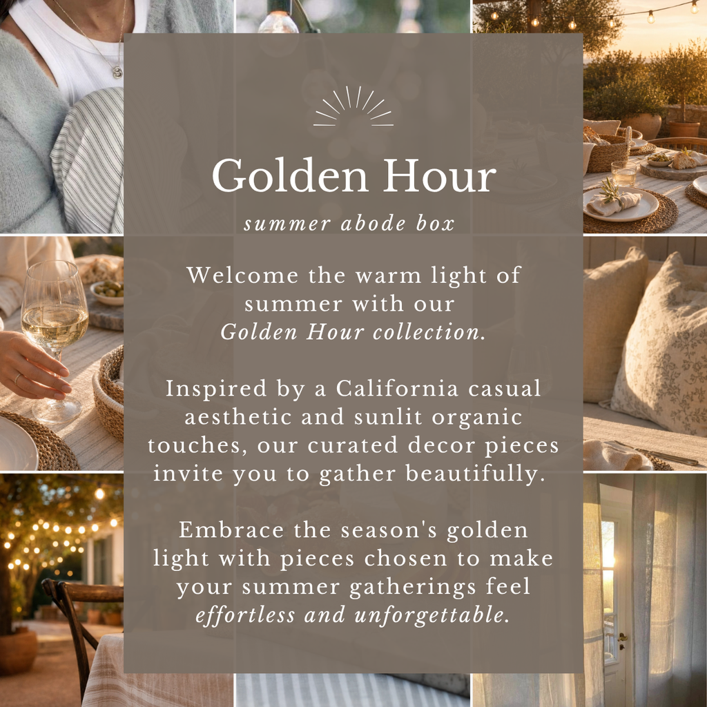 Promotional image for 'Golden Hour' summer abode box with text and lifestyle images of a cozy outdoor setting.