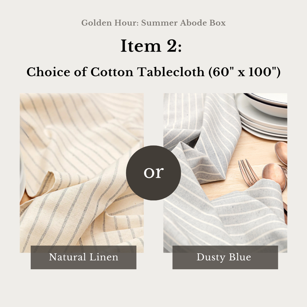 Choice of Cotton Tablecloth with Natural Linen and Dusty Blue options.