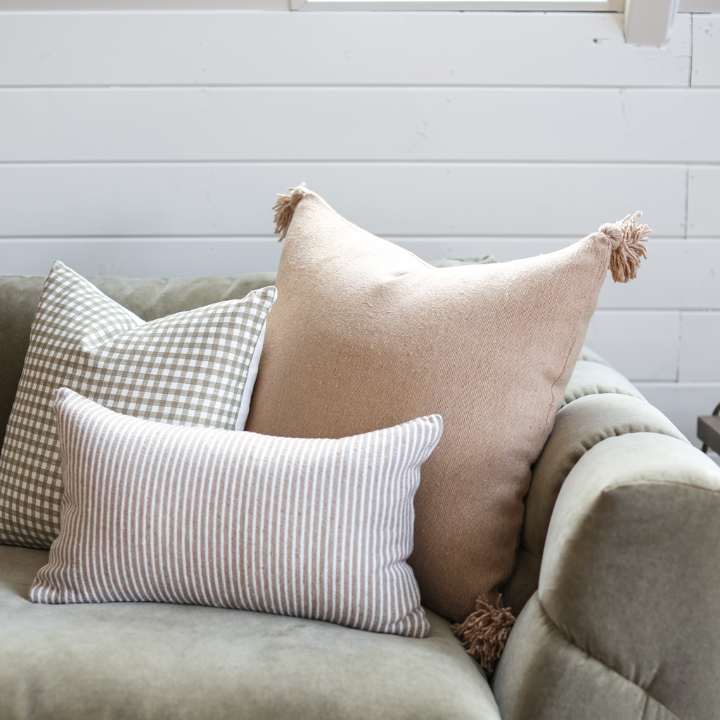 Taupe Stripe Lumbar Pillow Cover on Couch