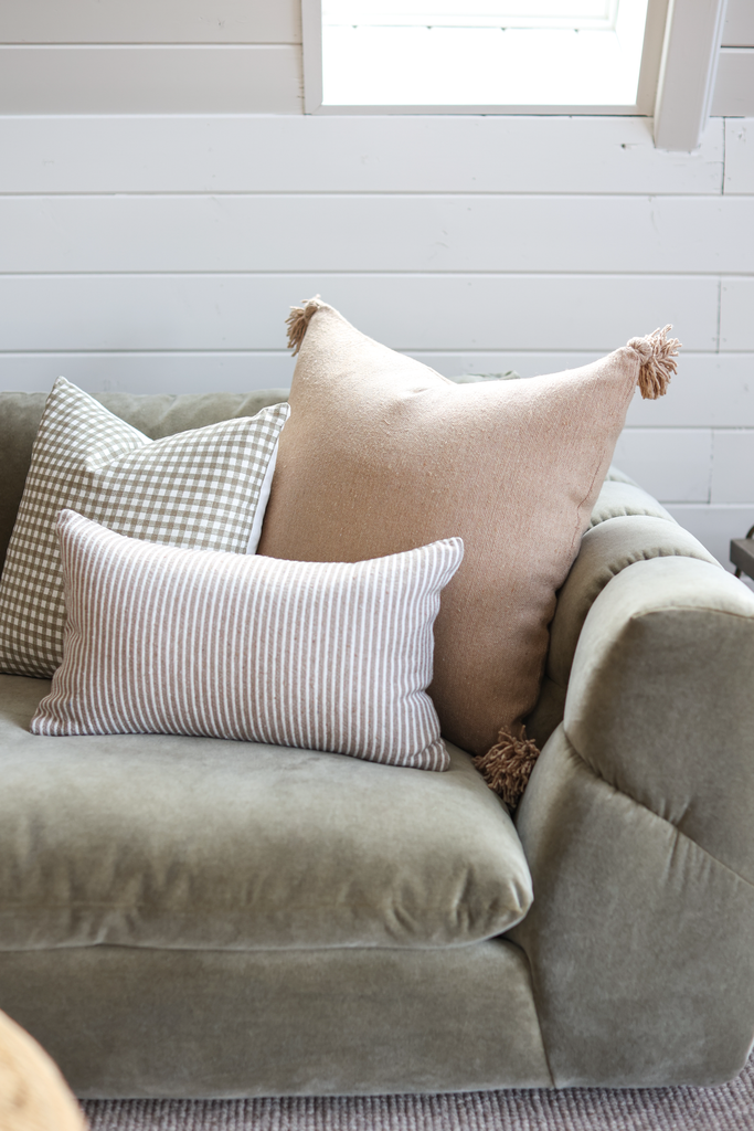 Taupe Stripe Lumbar Pillow Cover on Couch