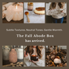 Collage of fall-themed items with text about a 'Fall Abode Box' arrival.