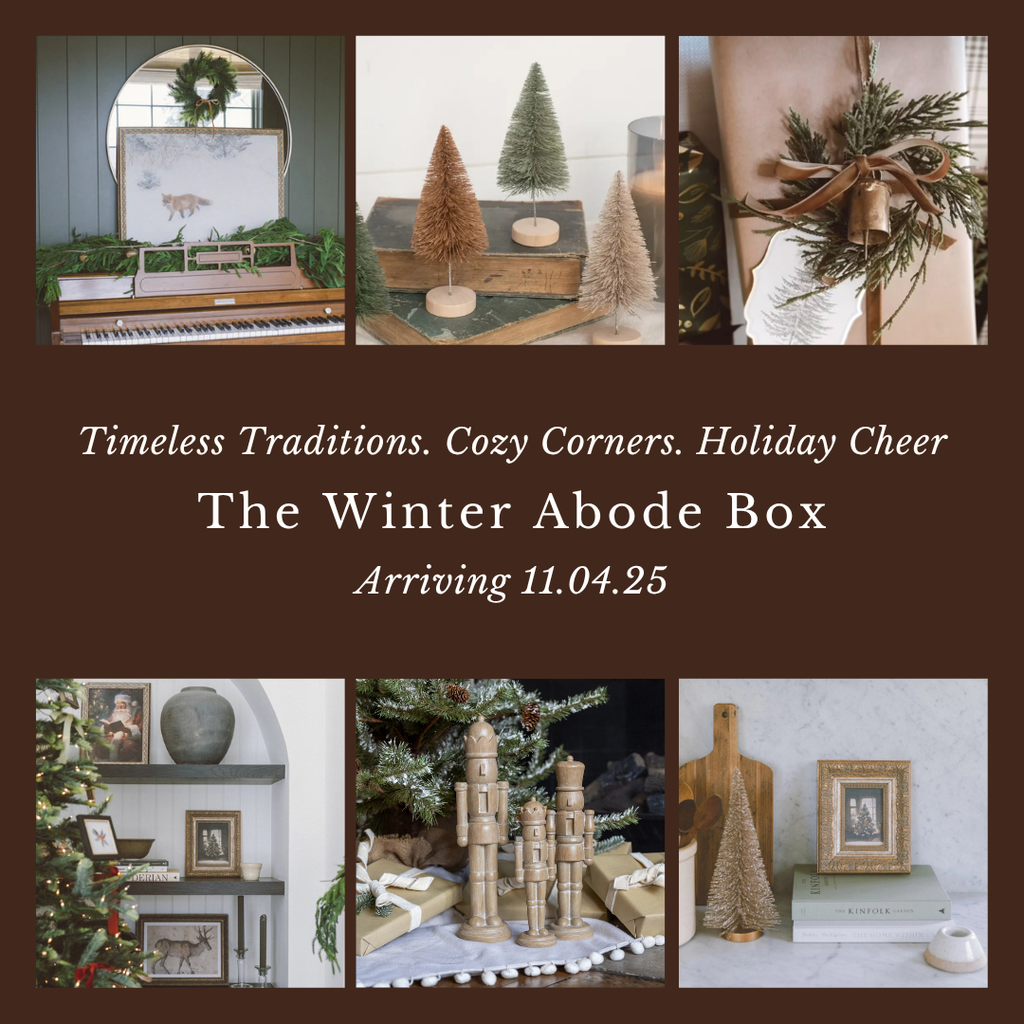 Promotional image for 'The Winter Abode Box' with holiday-themed decor items.