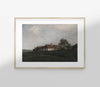 Framed painting of a rural landscape with a house and trees on a white wall