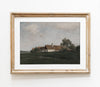 A framed landscape art print depicting a small farmhouse with a brown roof on a grassy hill under a cloudy sky, enclosed in a distressed light wood frame with a white mat.